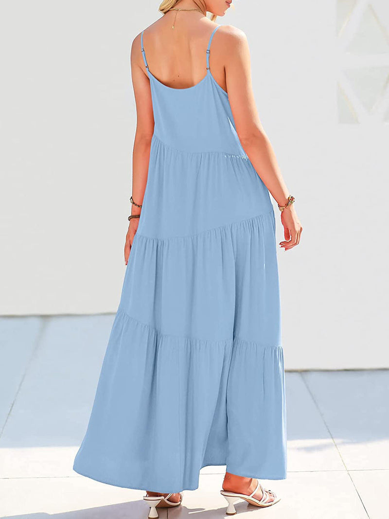 Full size ruched tiered spaghetti strap dress in blue, moderate stretch, sleeveless.