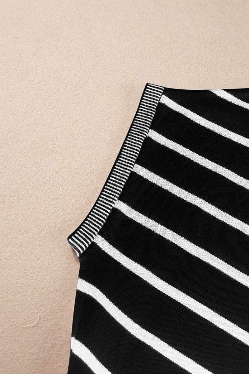 Striped round neck cap sleeve knit top in black and white.