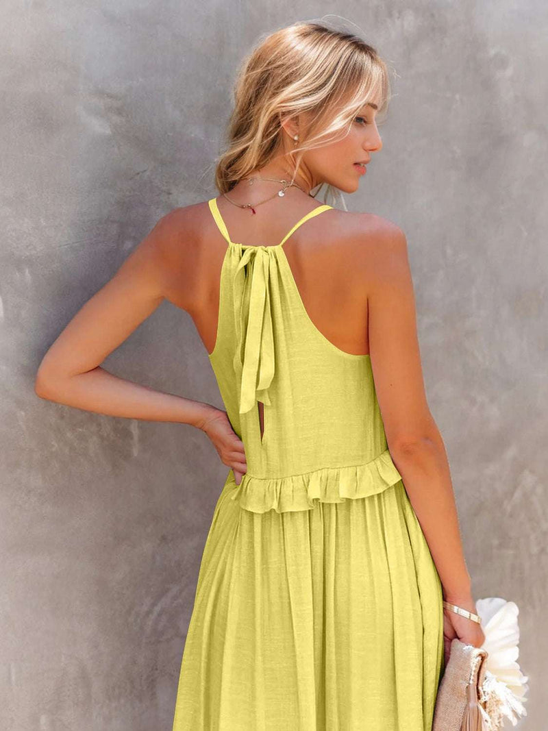 Ruffled Sleeveless Tiered Maxi Dress with Pockets in yellow, featuring a high-low design and smocked detailing.