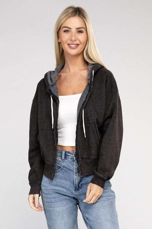 Acid Wash Fleece Cropped Zip-Up Hoodie with pockets and drawstring hood.