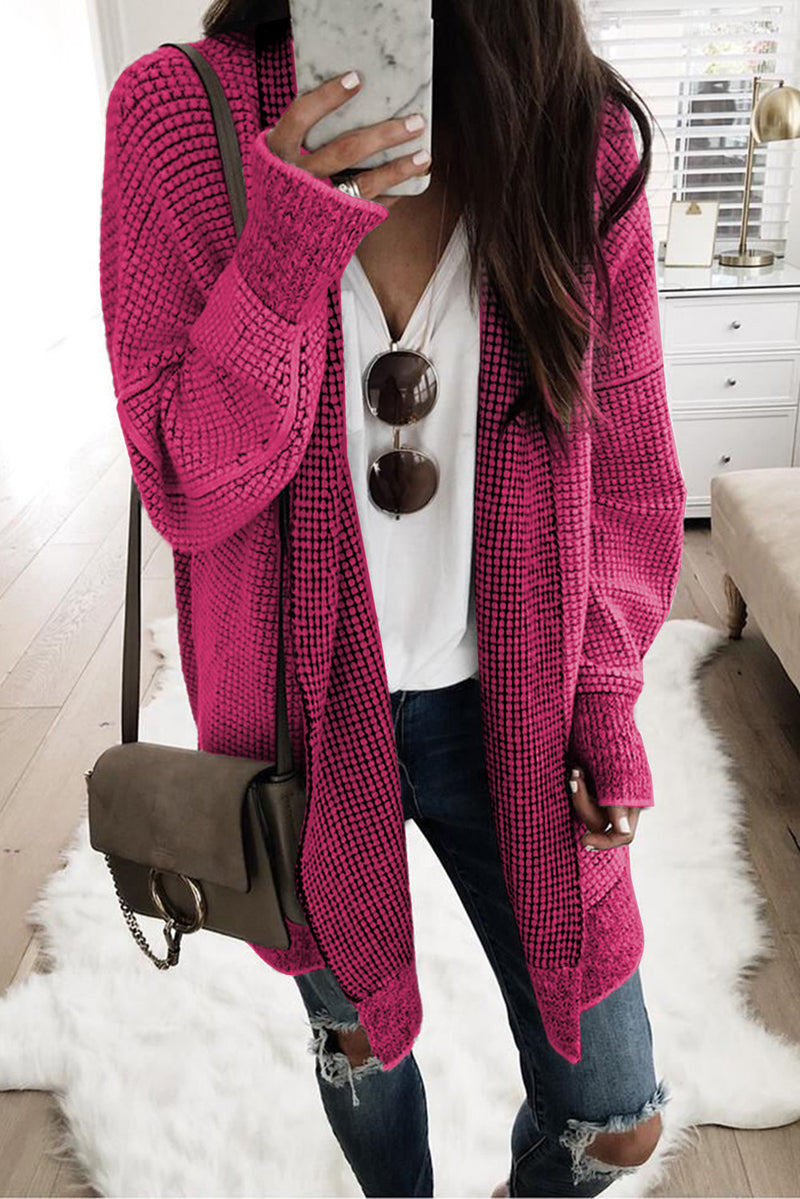 Apricot Plaid Knitted Long Open Front Cardigan