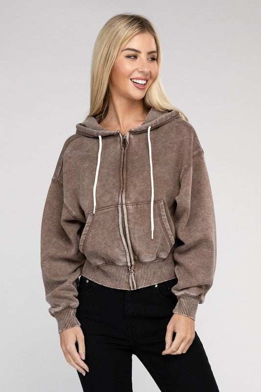 Acid Wash Fleece Cropped Zip-Up Hoodie with drawstring hood and pockets, worn by model.
