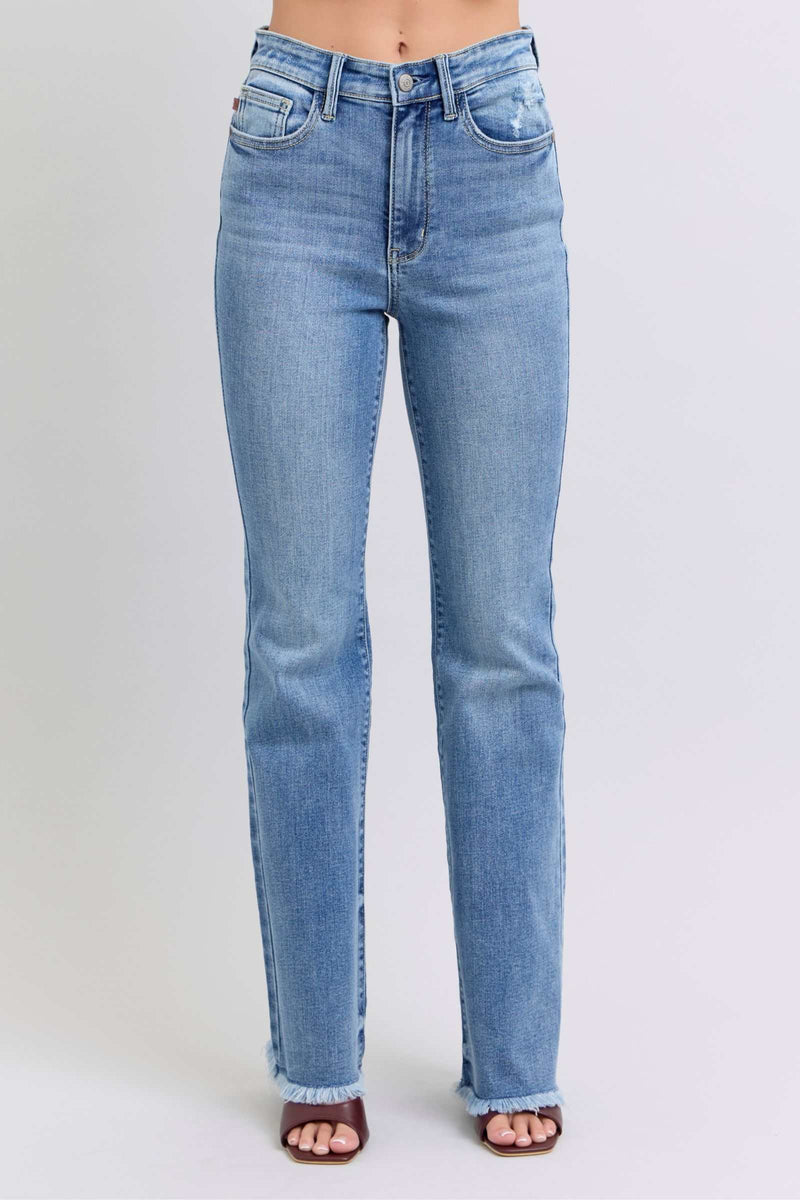 Judy Blue full-size raw hem high rise bootcut jeans with a modern fit.
