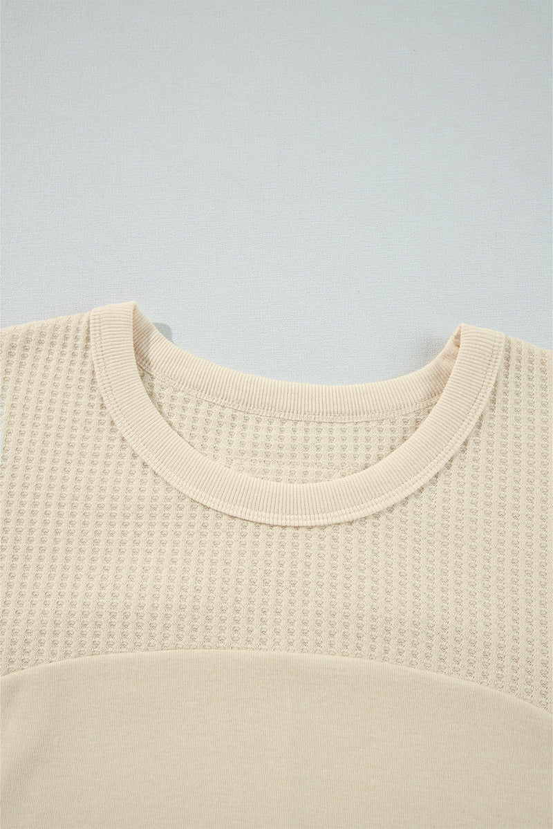 Beige Thermal Knit Patchwork Exposed Seam Long Sleeve Top