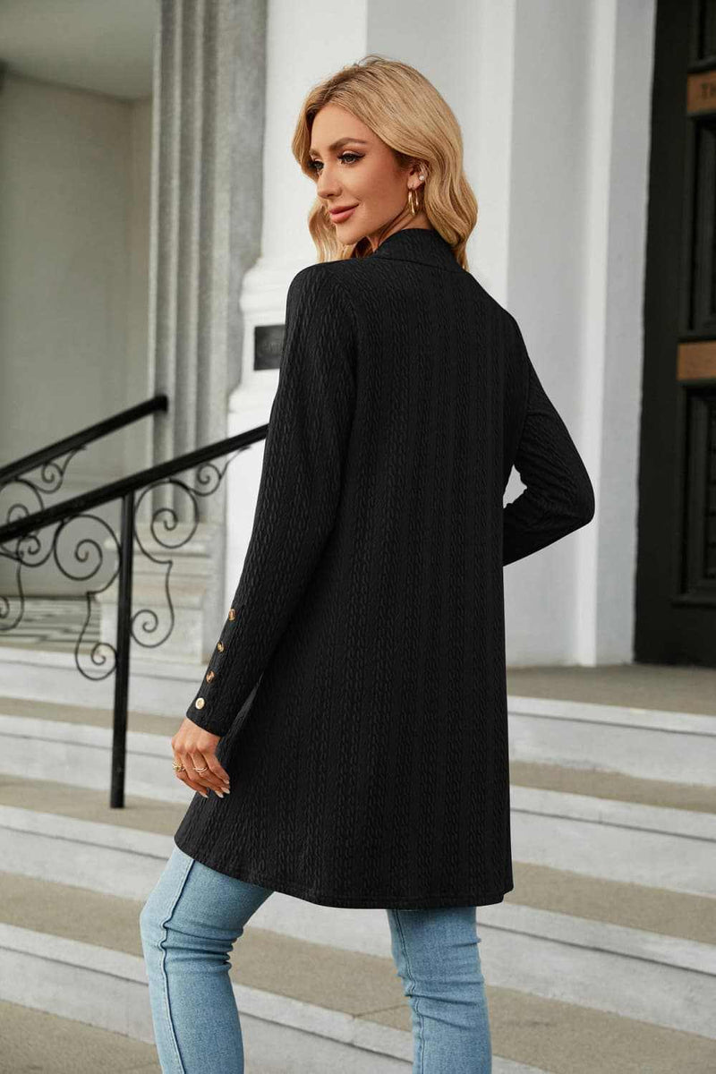 Long Sleeve Open Front Cardigan in solid black, casual style, slightly stretchy fabric.