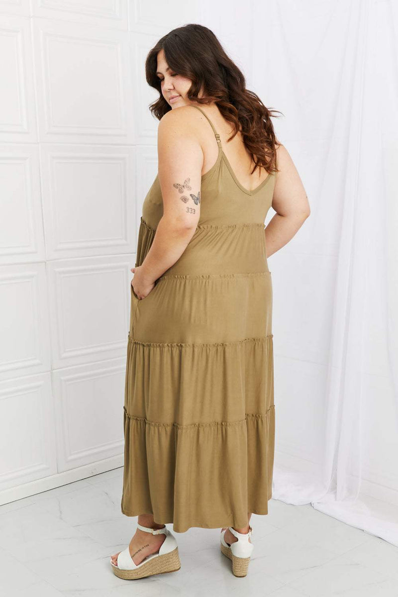 Zenana full size khaki spaghetti strap tiered dress with pockets.