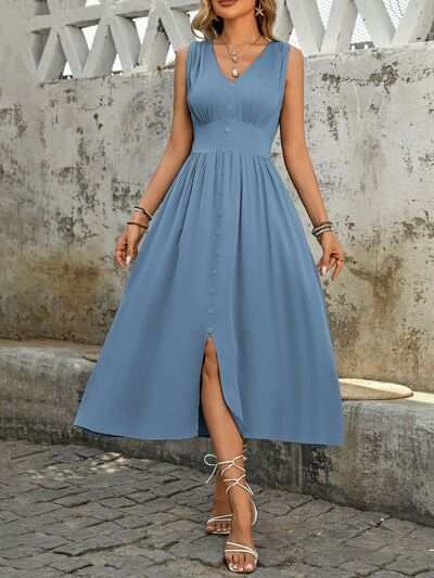 Perfee Ruched Decor Button Slit Sleeveless Midi Dress in blue, featuring decorative buttons, ruched detailing, and a front slit.