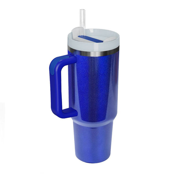 Stainless steel tumbler with handle and straw, light-reflecting glitter, 40 oz capacity, blue color.
