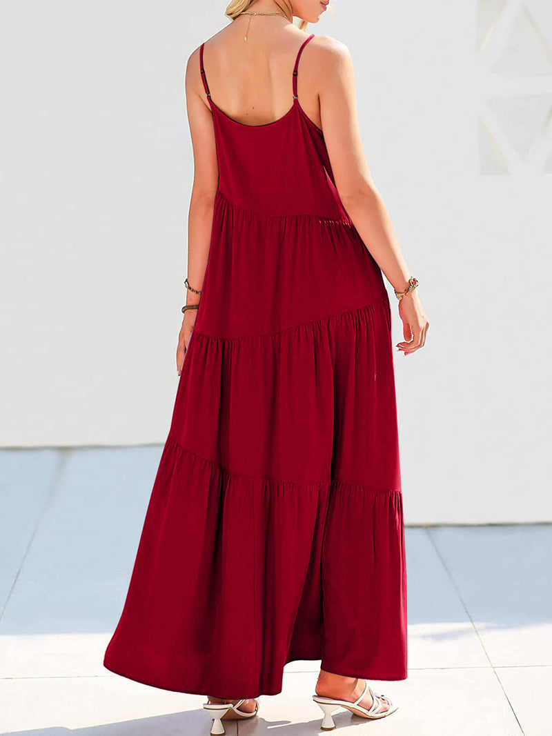 Full Size Ruched Tiered Spaghetti Strap Dress in red, moderate stretch, 100% polyester.