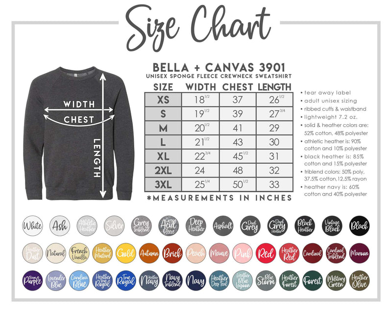 Merry Sweatshirt size chart with color and measurement options.