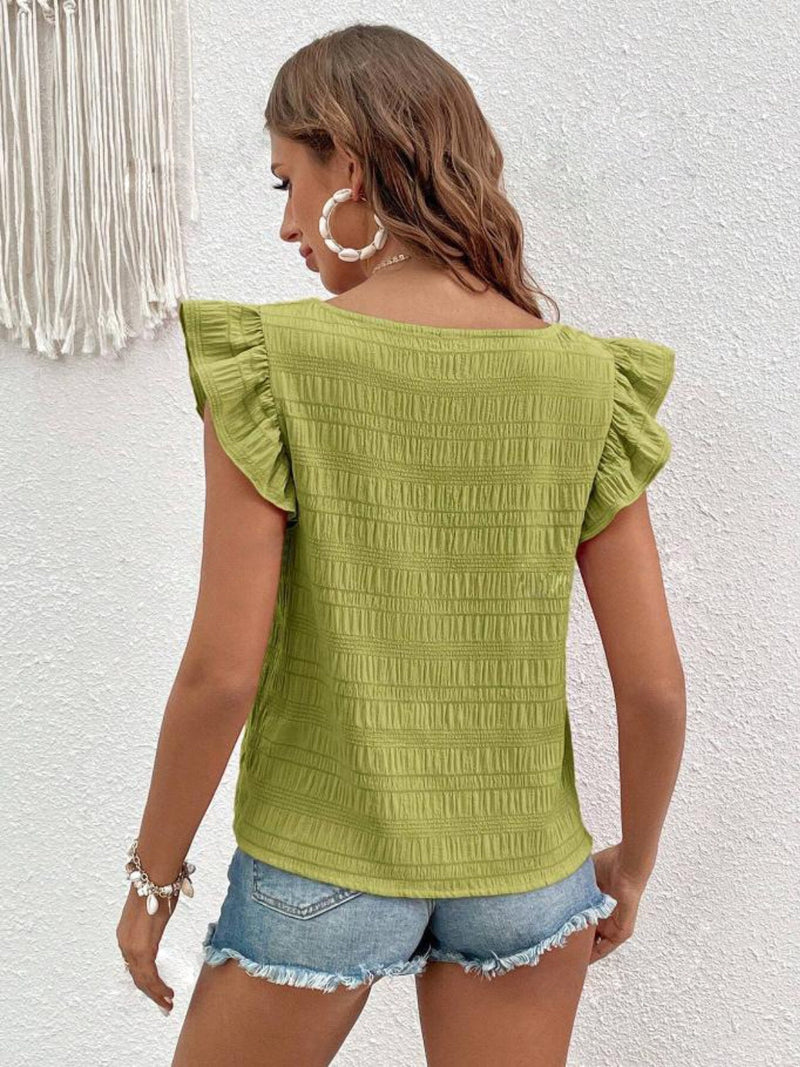 Ruffled square neck cap sleeve blouse in green, featuring no stretch and made of polyester blend.