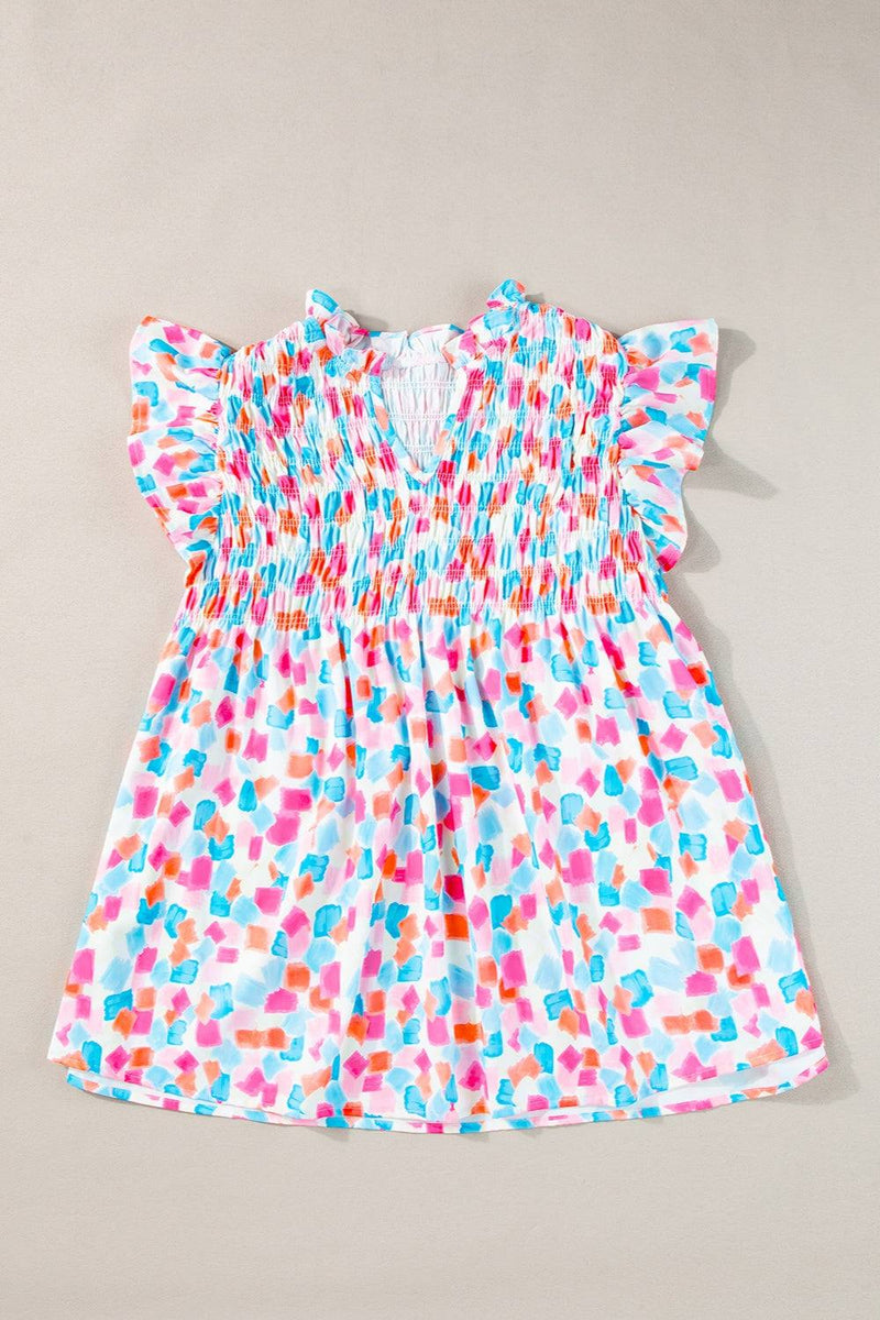 Ruffled printed notched cap sleeve blouse, colorful pattern, polyester, no stretch.
