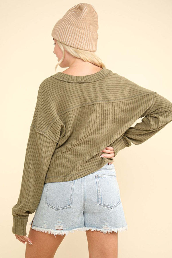 V-Neck Ribbed Knit Top with Exposed Seam, Olive Green, Drop Shoulder Design