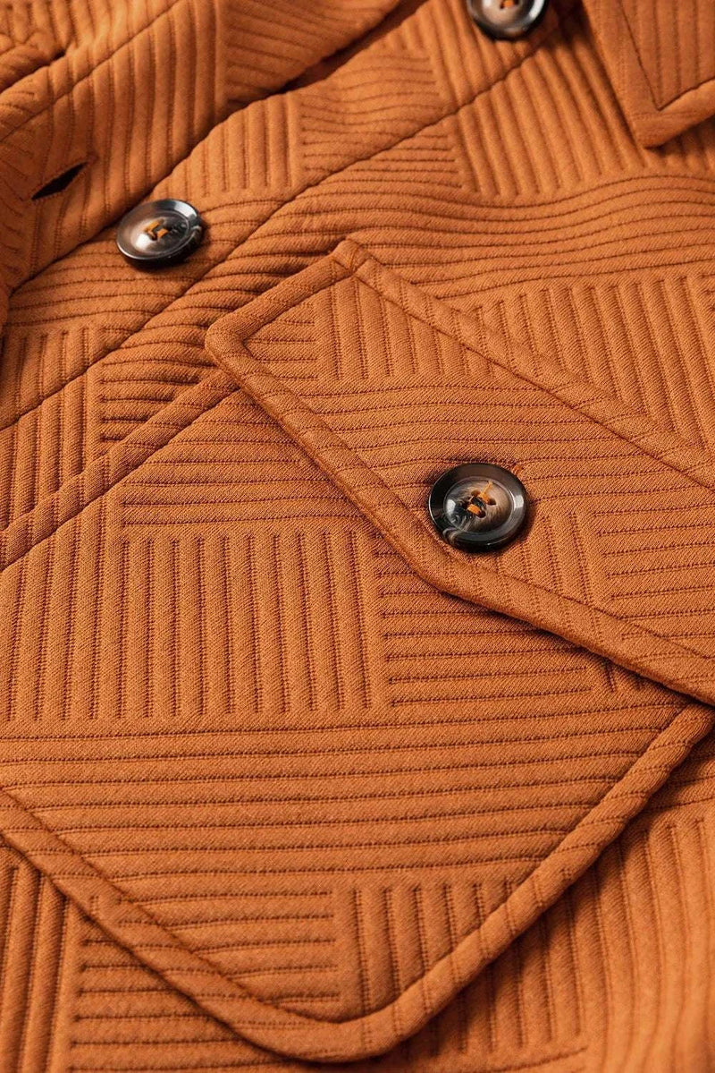 Textured button-down collared neck coat with stylish buttons and unique fabric design.