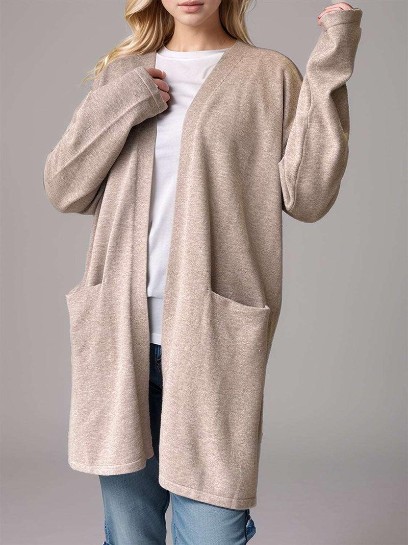 Open front long sleeve cardigan with pockets in beige, worn by model.