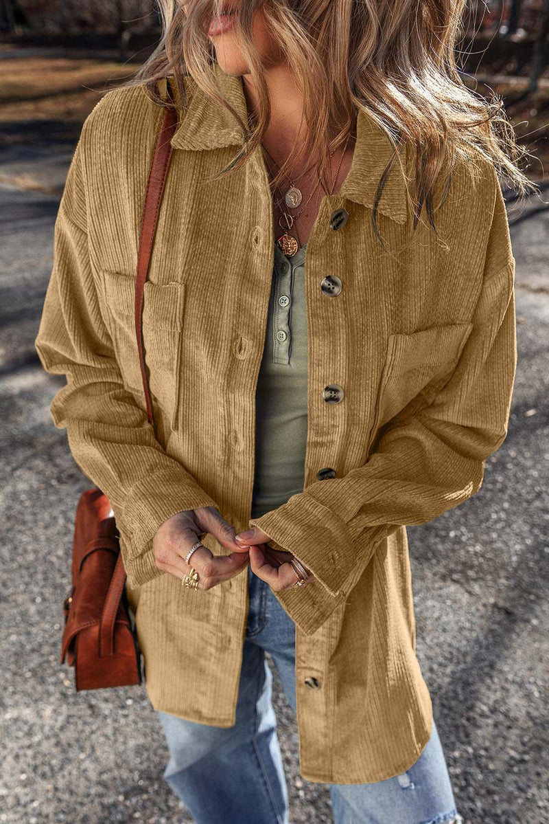 Mist Green Patched Pocket Button Up Corduroy Shacket on model outdoors.