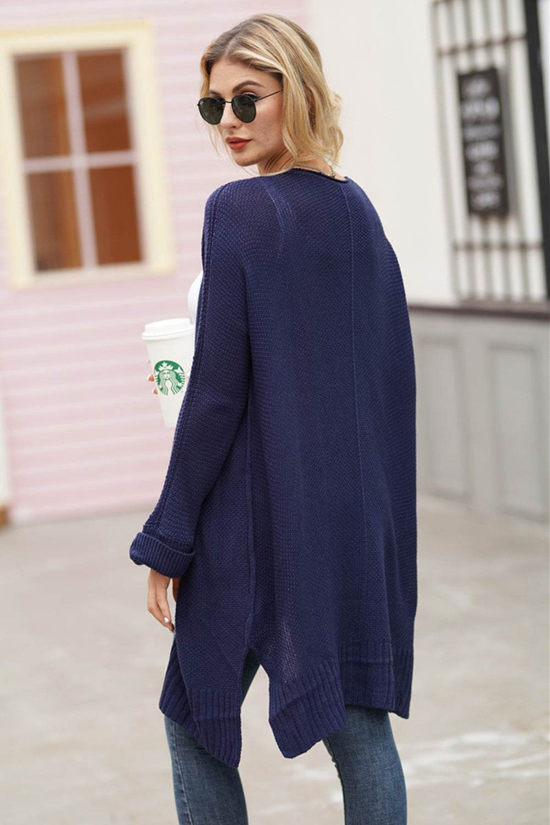 Women's open front long sleeve cardigan in dark blue, casual style.