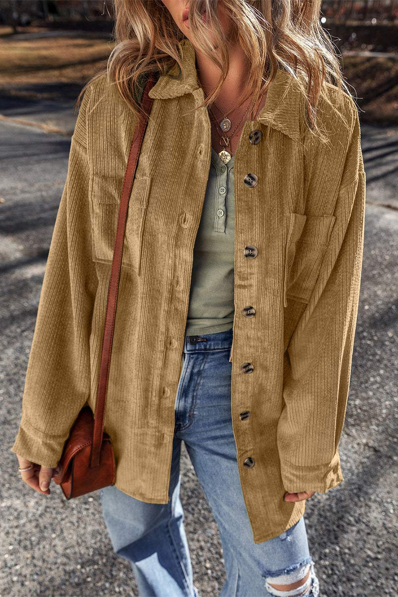 Mist Green Patched Pocket Button Up Corduroy Shacket with button-front and relaxed fit.