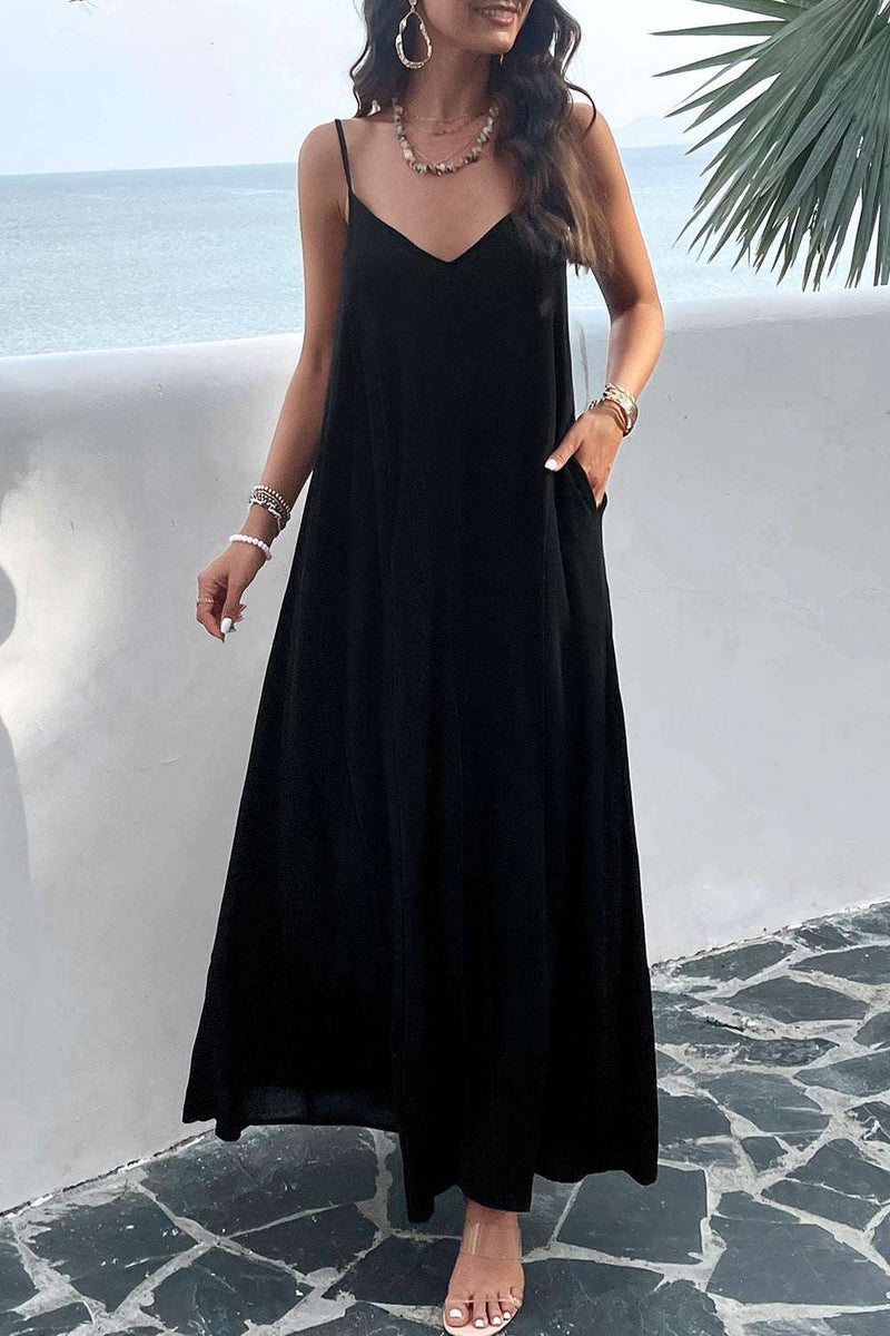 Devine Backless Maxi Cami Dress with Pockets in black viscose fabric.