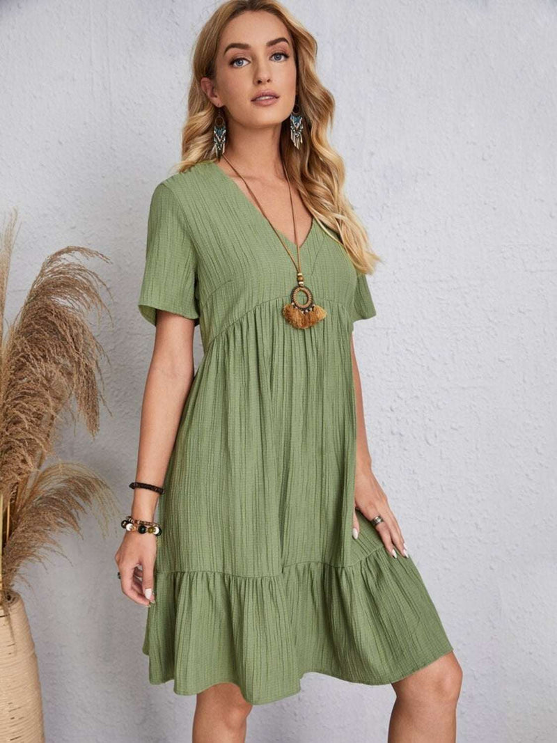 Full size V-neck short sleeve dress in green, basic style, made of 100% polyester, machine washable.