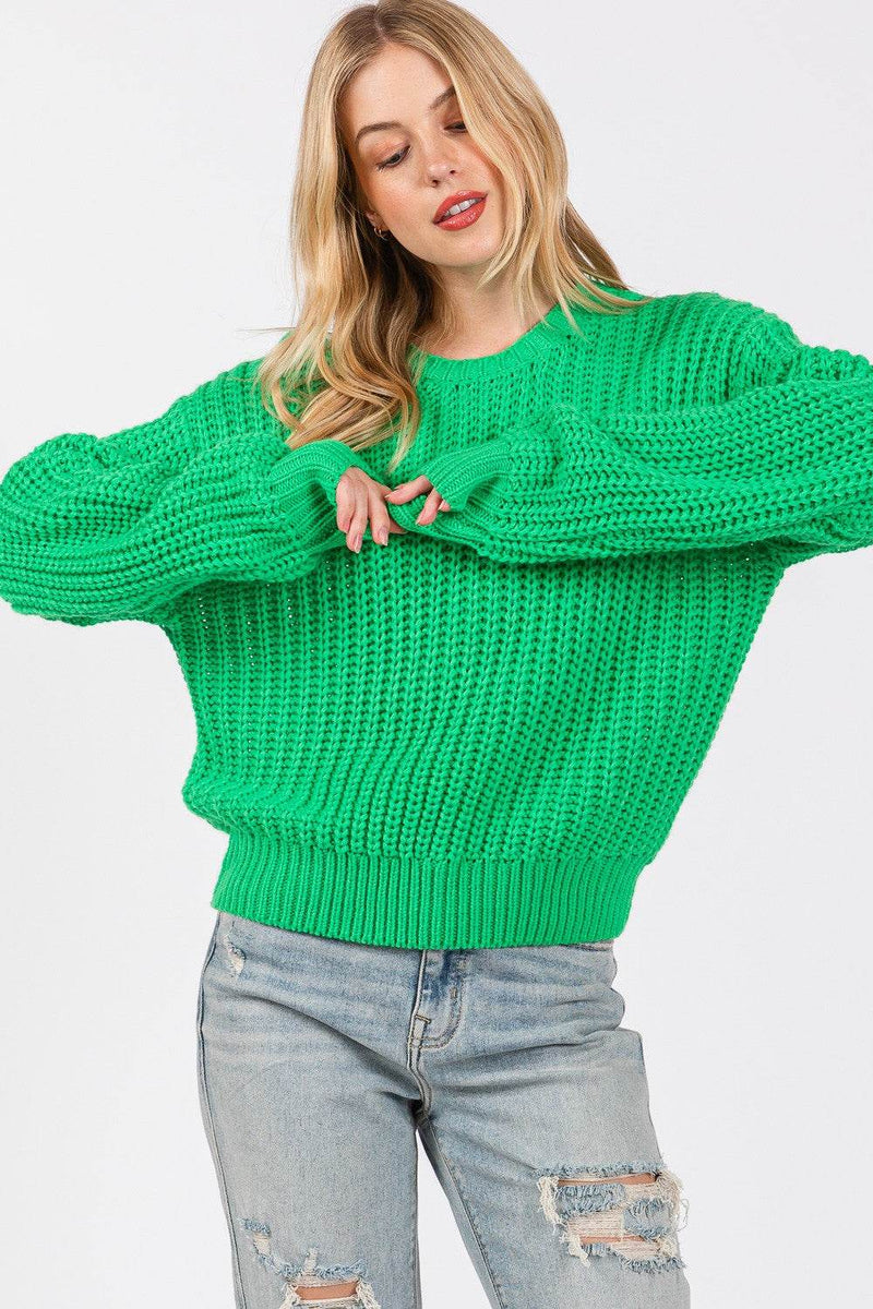 SAGE + FIG green round neck drop shoulder sweater with ribbed detailing and relaxed fit.