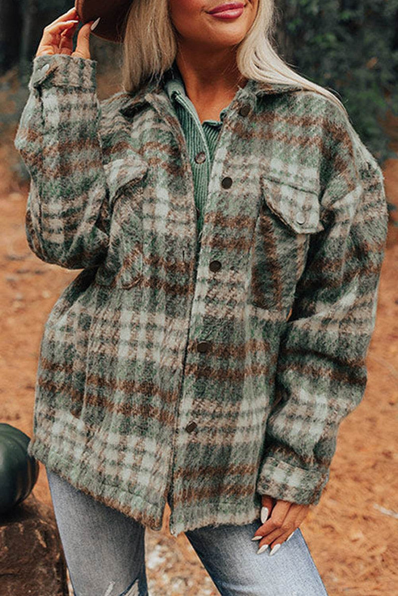 Cinnamon plaid print shacket with chest pockets and turn-down collar.