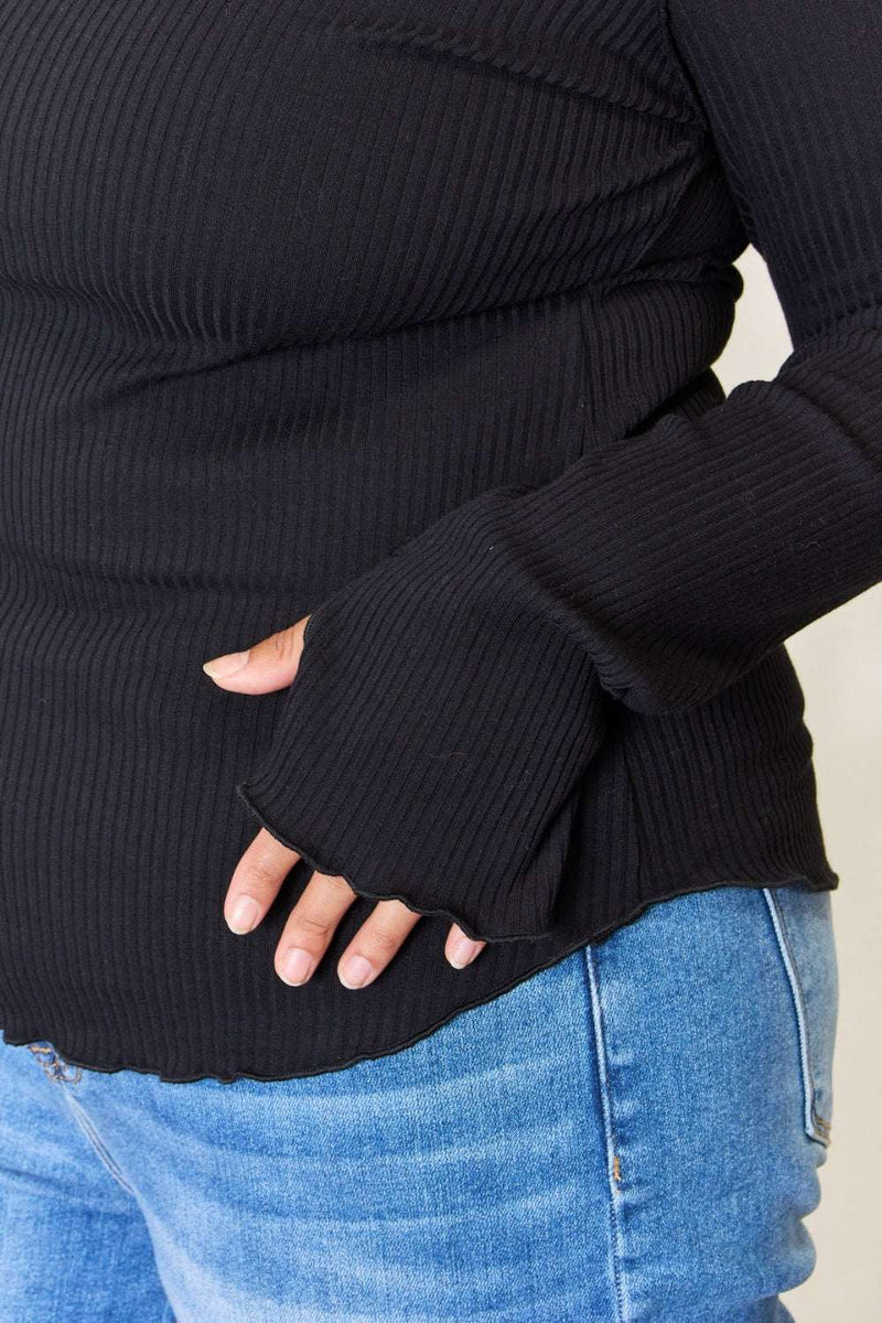 Culture Code Ribbed Round Neck Long Sleeve Top in black, showing ribbed fabric and fit on model.