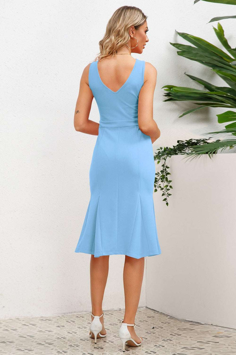 Wide strap wrap fishtail dress in light blue, basic style, opaque, no stretch.