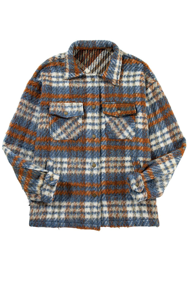 Cinnamon plaid print shacket with chest pockets and turn down collar.