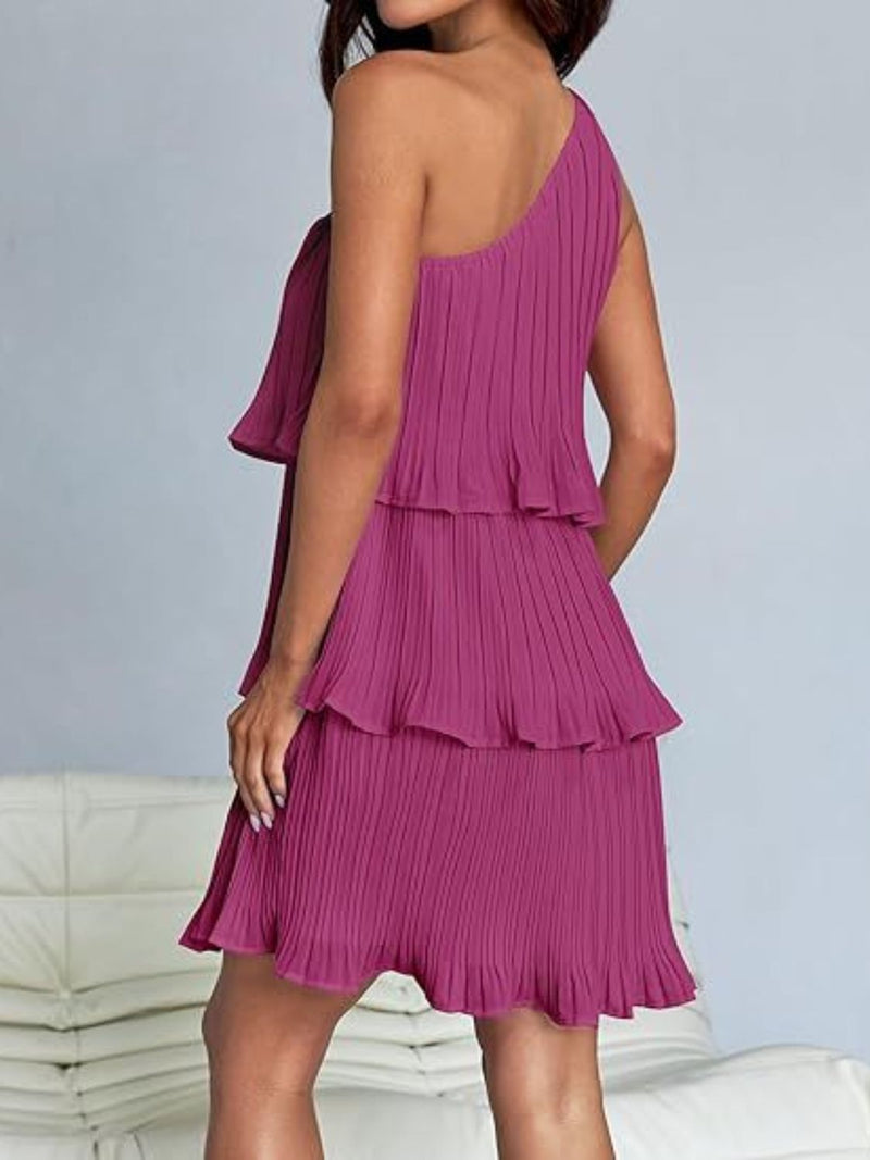 Layered single shoulder mini dress with ruffled layers in purple, made of 100% polyester.