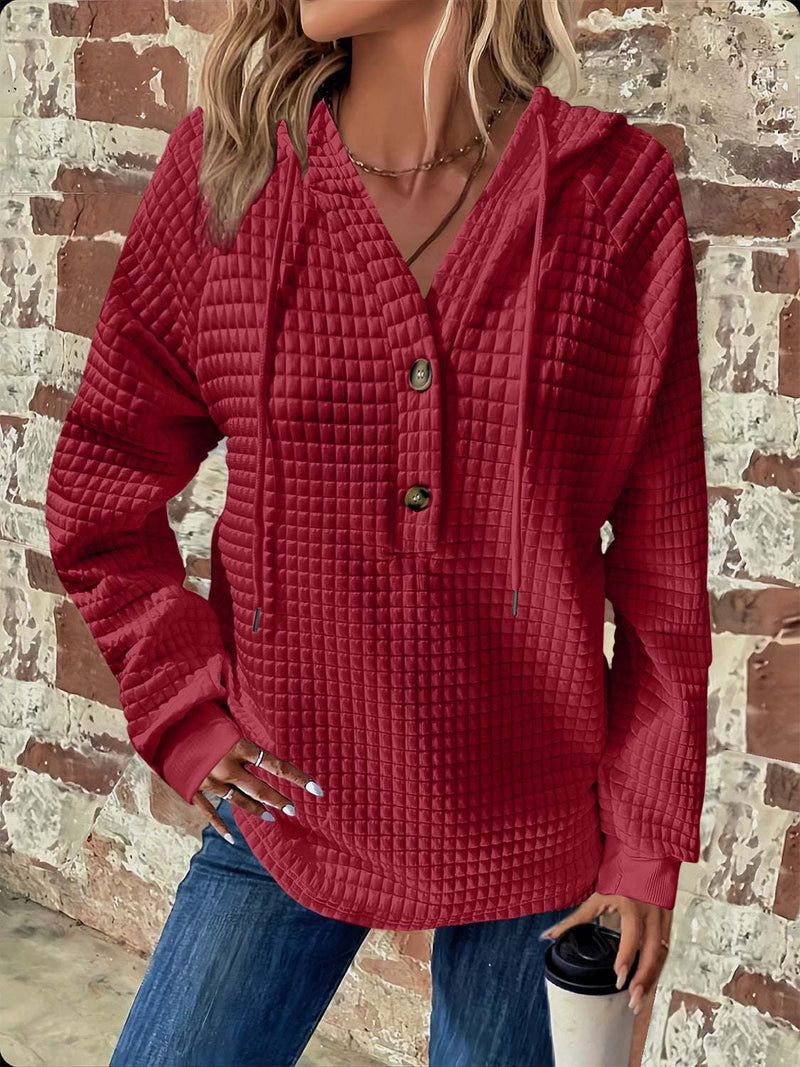 Full size red textured button detail drawstring long sleeve hoodie.