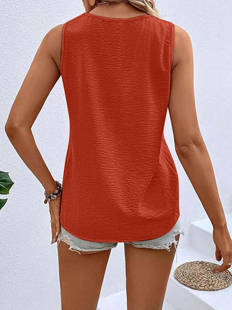 Women's full size V-neck tank with decorative buttons, rust color, polyester, sleeveless.