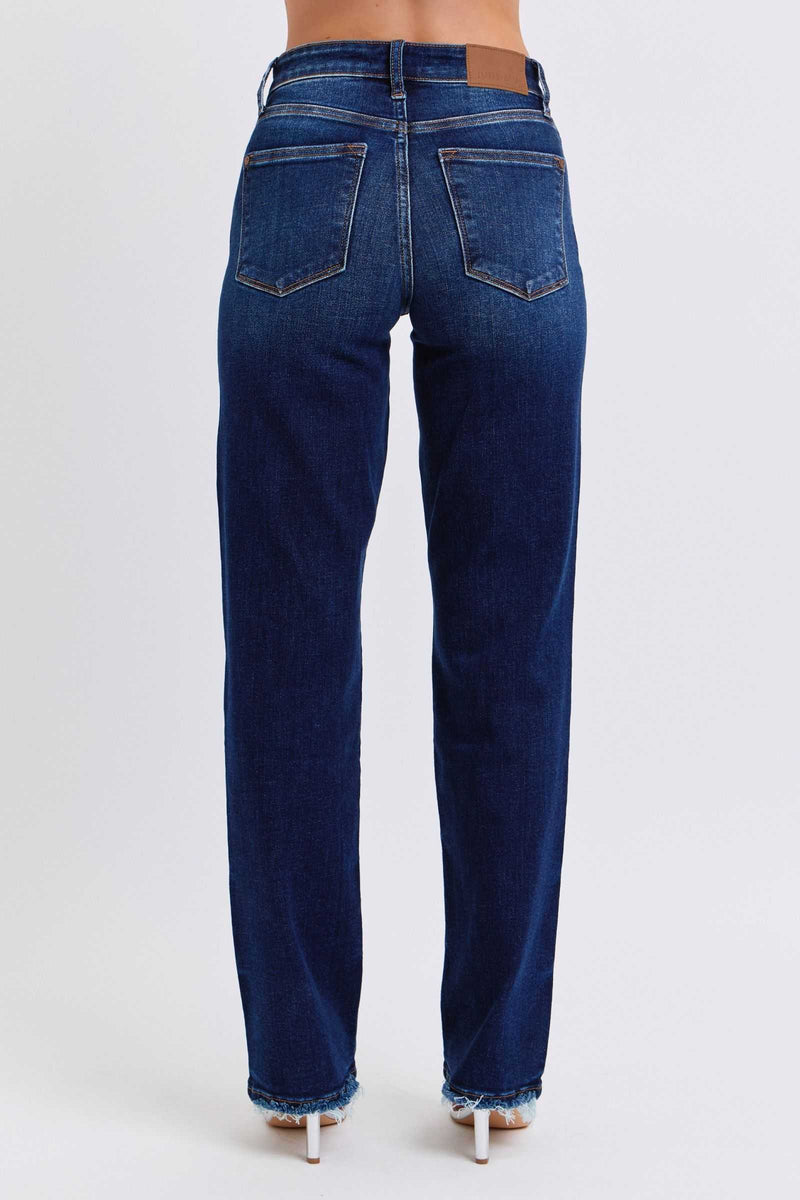 Judy Blue Full Size Raw Hem Straight Leg Jeans, back view showing raw hem detail, slightly stretchy denim.