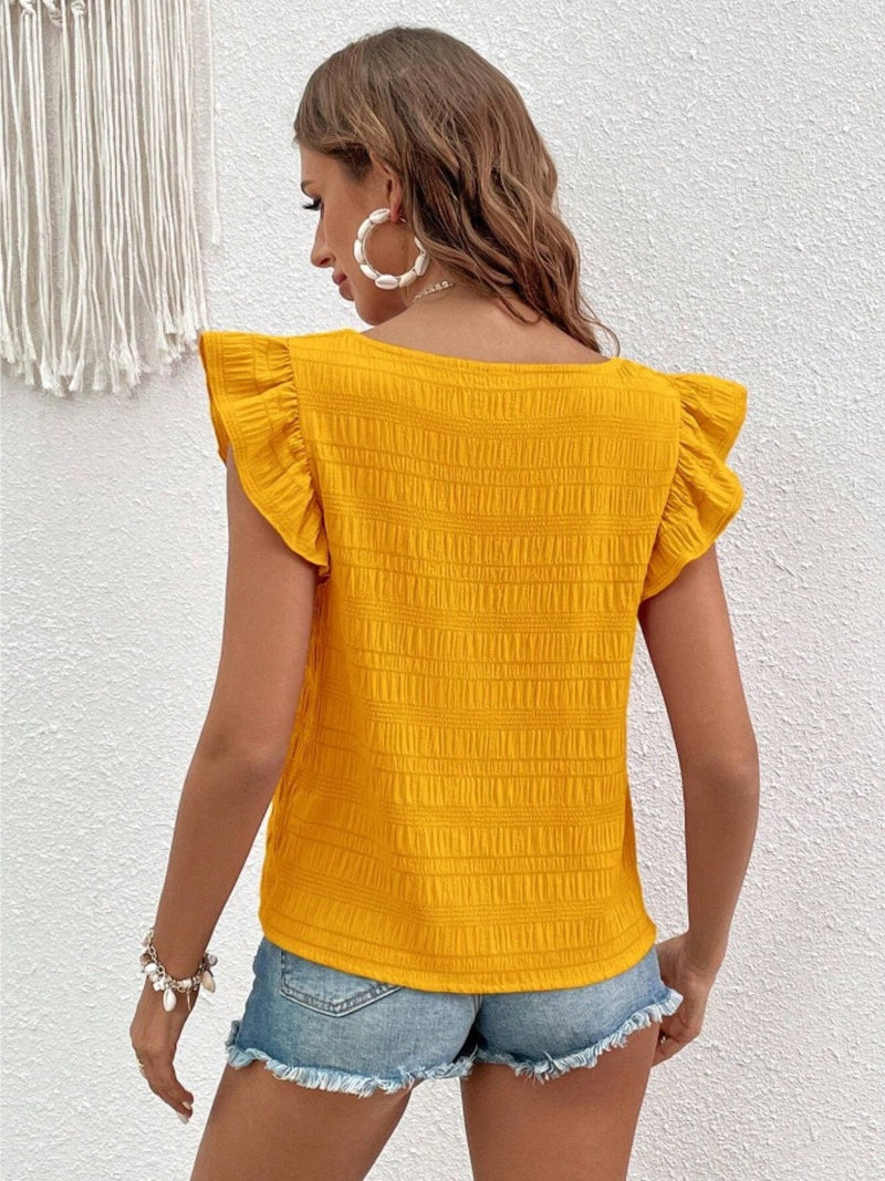 Ruffled square neck cap sleeve blouse in yellow, polyester-spandex blend, no stretch.