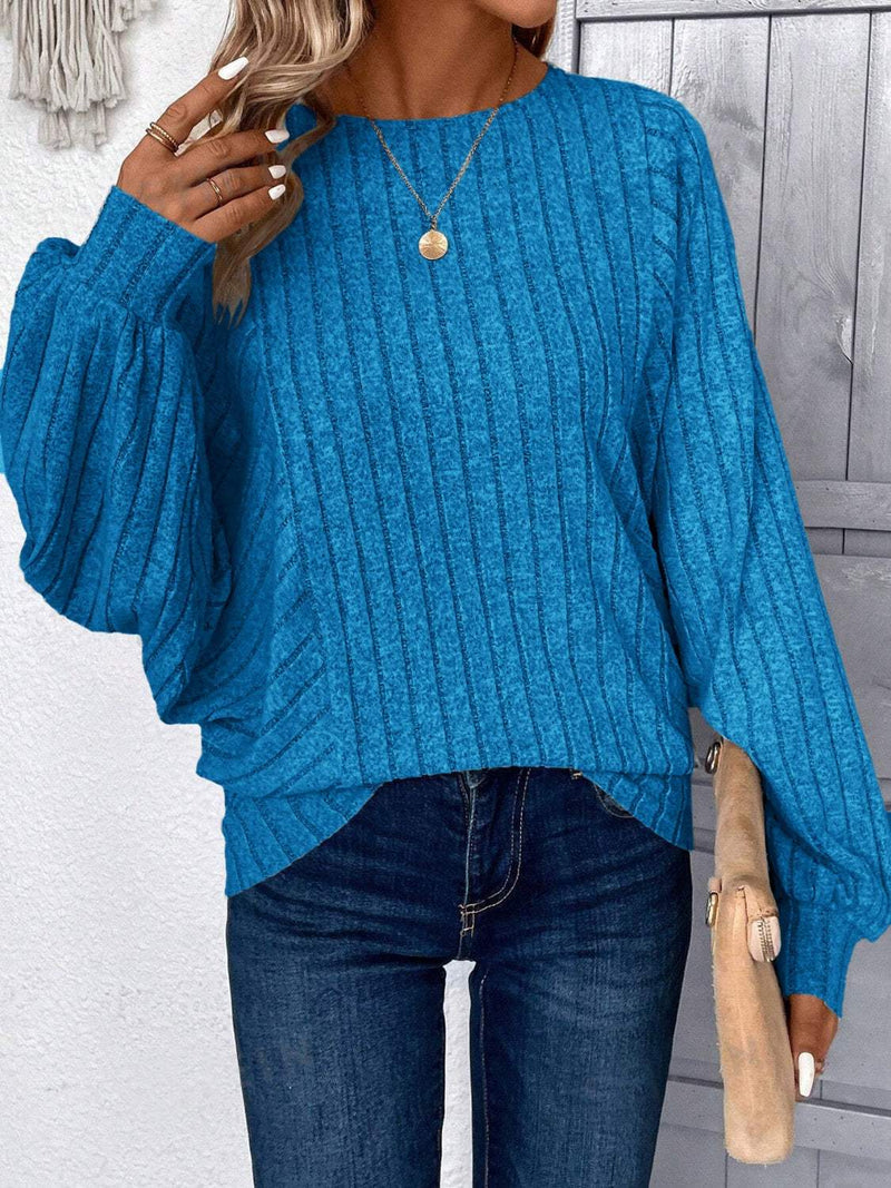 Plus Size Round Neck Batwing Sleeve T-Shirt in blue, slightly stretchy fabric.
