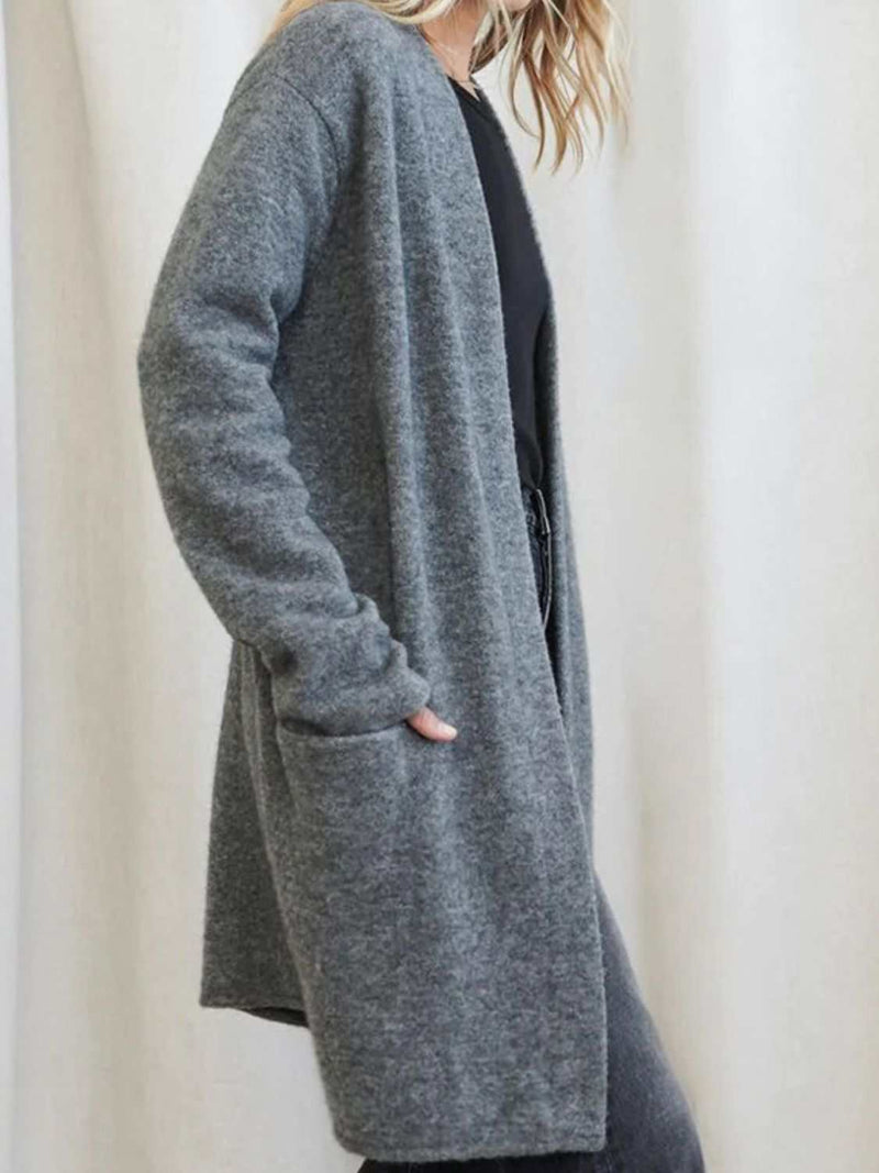 Open front long sleeve cardigan with pockets in grey, moderate stretch, 100% acrylic.