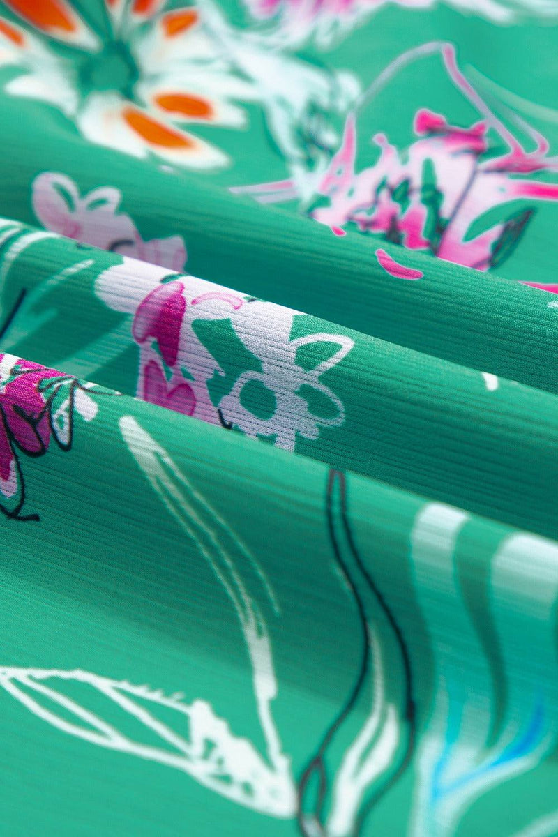 Colorful floral print on the Frill Printed Grecian Tank fabric.