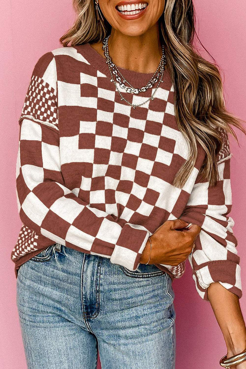 Khaki Checkered Print Drop Shoulder Round Neck SweaterEmbrace comfort and style with our delightful Khaki Checkered Print Drop Shoulder Round Neck Sweater. 
 Perfectly crafted for those cozy days and laid-back outings, Sweaters & Cardigans/SweatersKlondike Creek Unique BoutiqueKlondike Creek Unique BoutiqueKhaki Checkered Print Drop Shoulder Round Neck Sweater