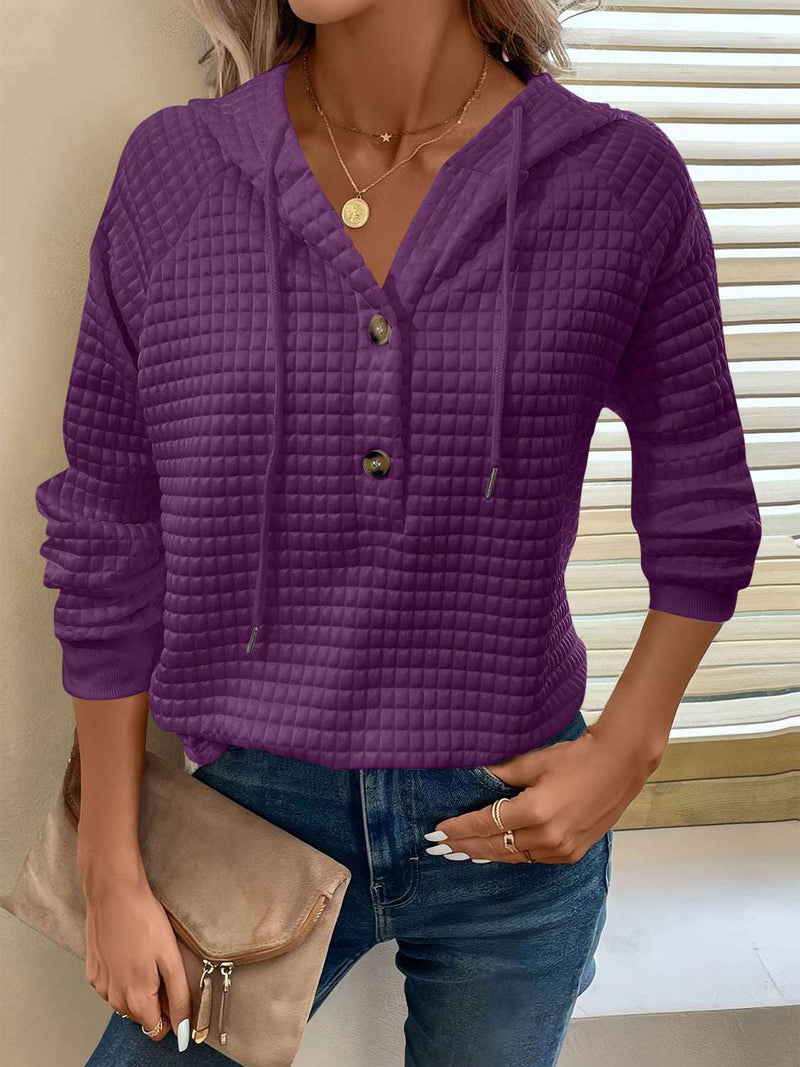 Full size purple textured long sleeve hoodie with button detail and drawstring.