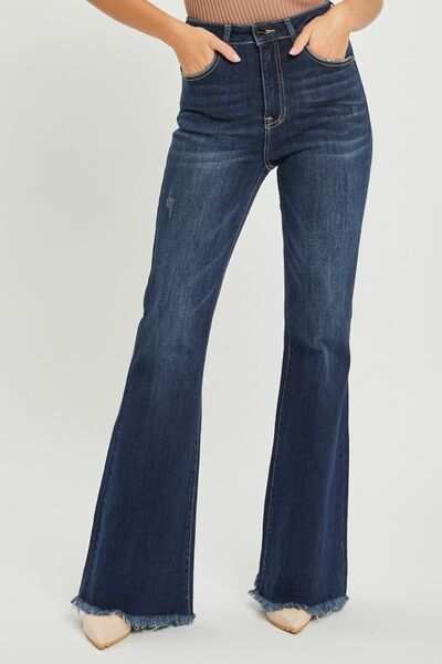 RISEN High Waist Raw Hem Flare Jeans with chic retro-inspired design.