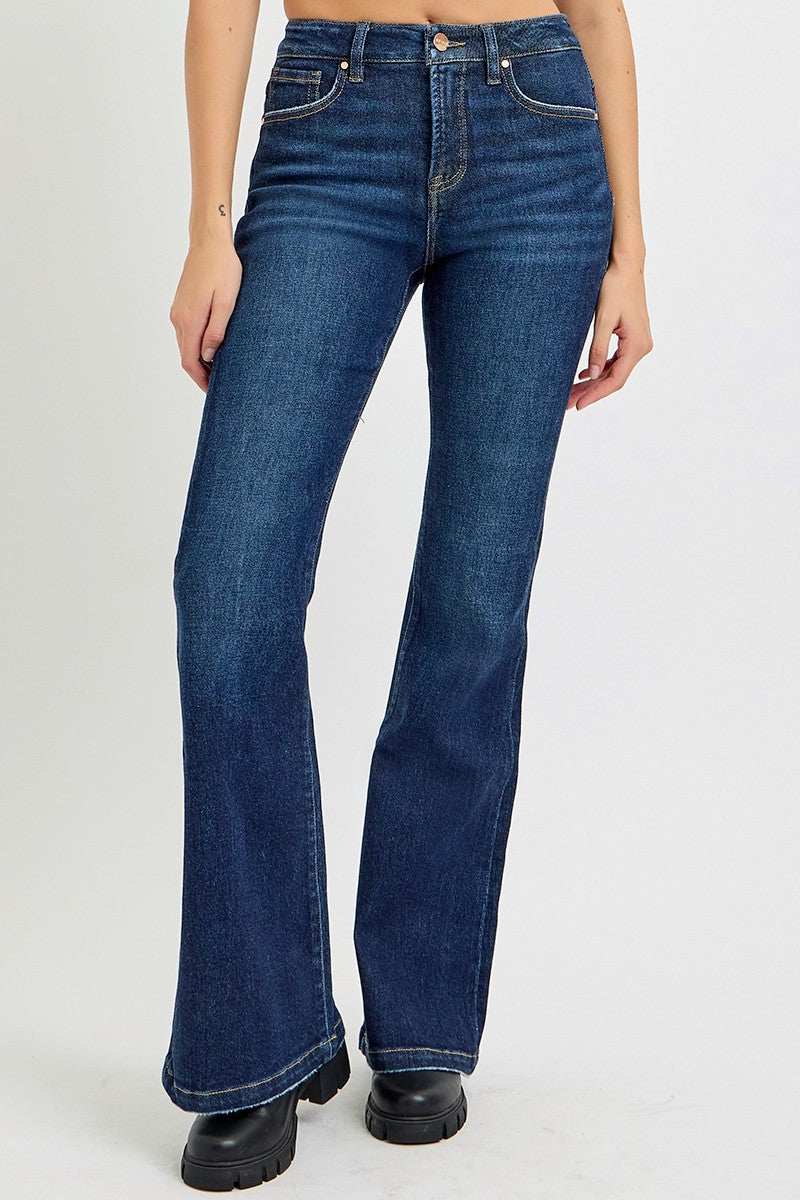 Retro Chic High Rise Flare Jeans with pockets in dark blue denim.