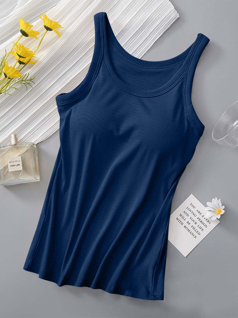 Round Neck Tank with Bra, navy blue, moderate stretch, viscose/spandex blend