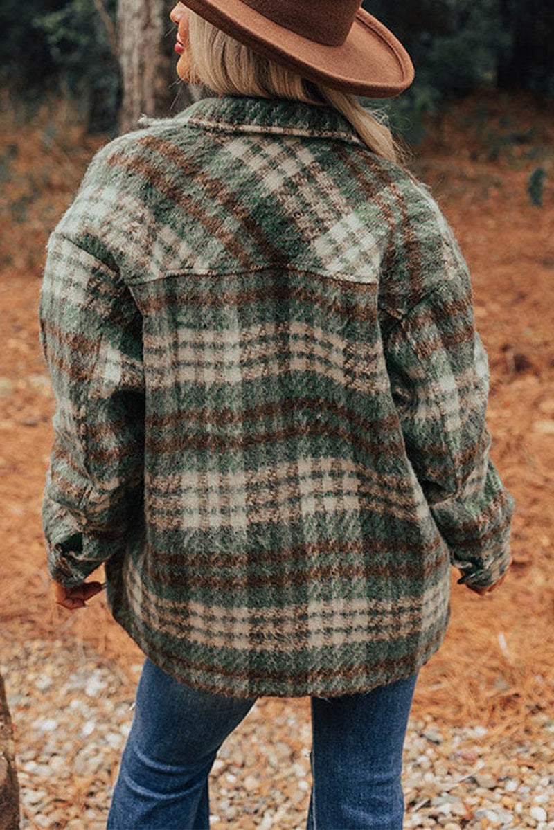 Cinnamon plaid print shacket with chest pockets and turn-down collar, perfect for fall fashion.