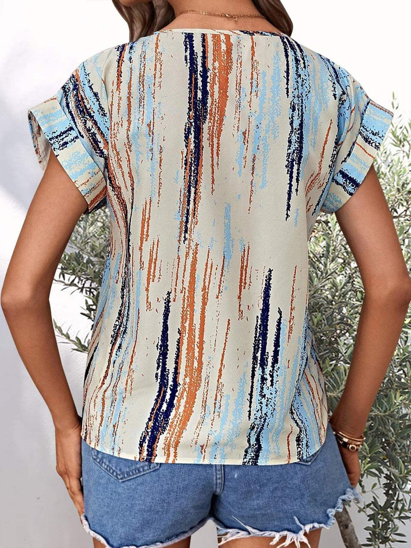 Printed Round Neck Short Sleeve Blouse in blue and orange stripes, 100% polyester.