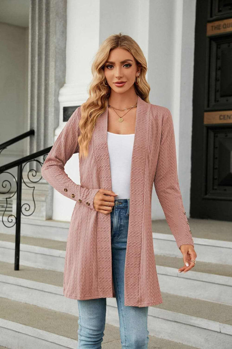 Long sleeve open front cardigan, casual style, solid pattern.