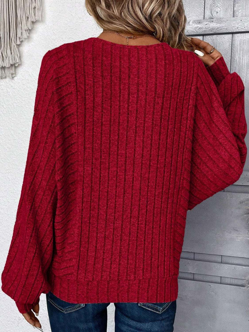 Plus Size Round Neck Batwing Sleeve T-Shirt in Red with Ribbed Texture