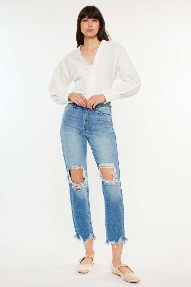 Kancan Distressed Frayed Hem Cropped Jeans with high-quality stretchy denim.