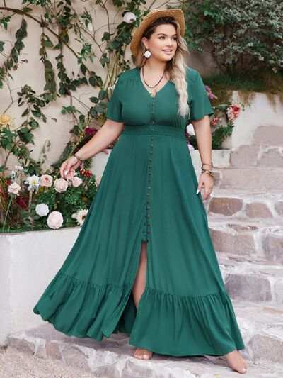 Plus size green button detail V-neck short sleeve maxi dress with smocked and ruched accents.