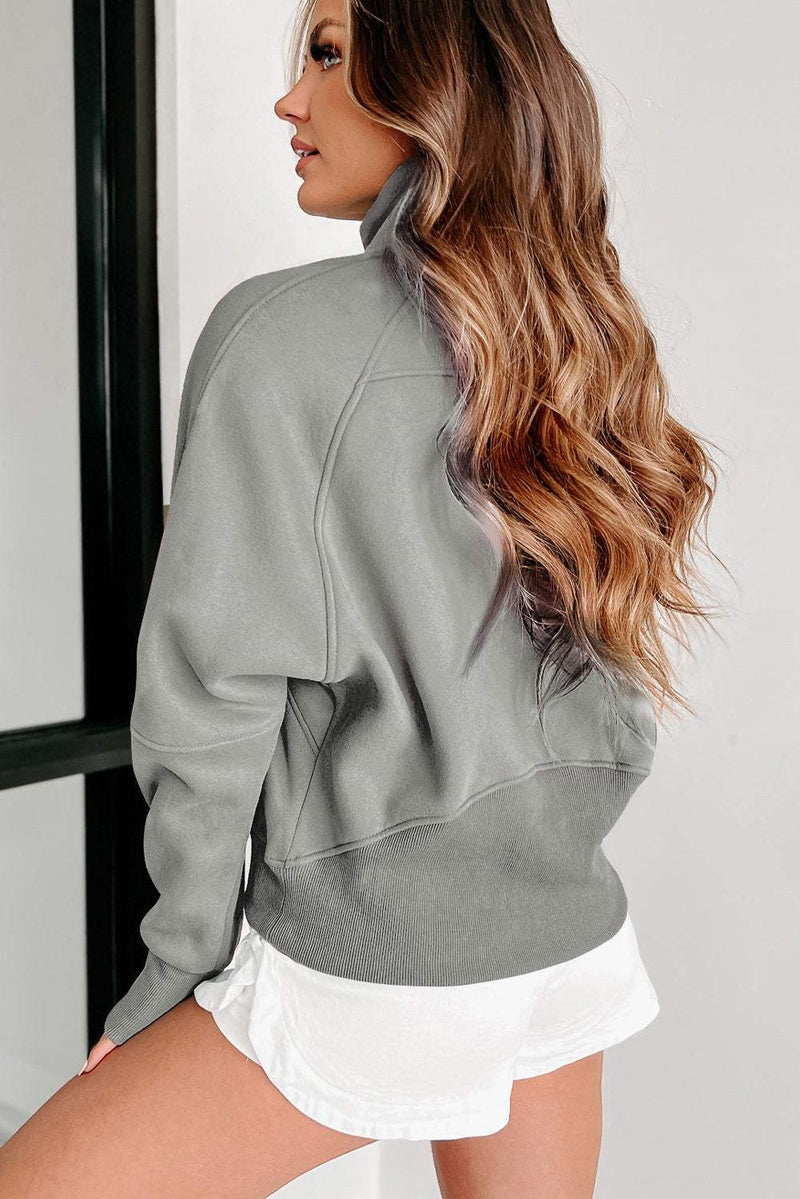 Fleece Lined Zip Up Stand Collar Thumbhole Sleeve Sweatshirt in gray, stylish and warm.