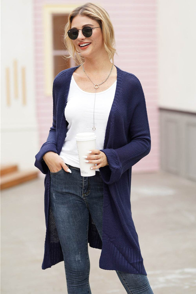 Open front long sleeve cardigan in navy blue, slightly stretchy, 100% acrylic.